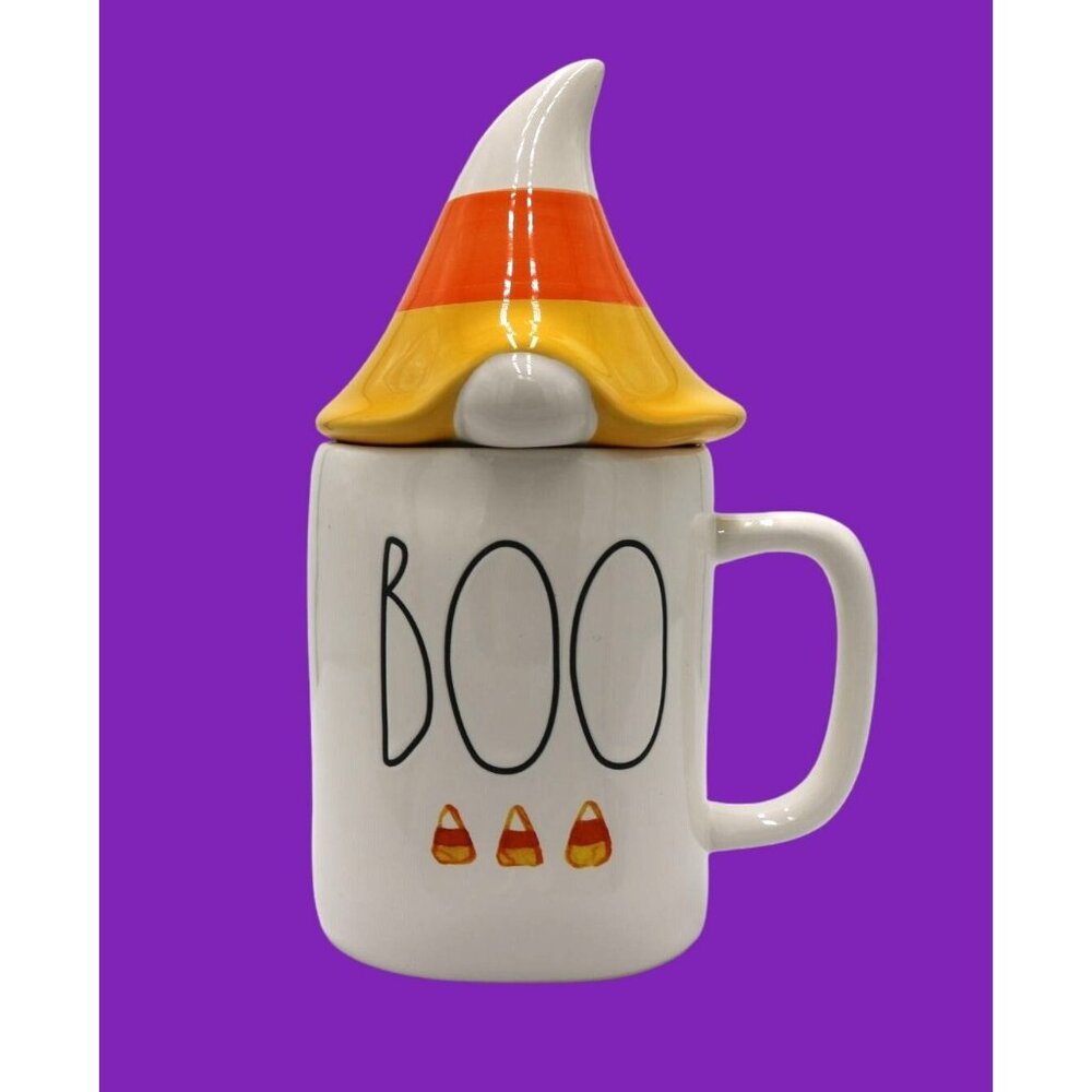 Rae Dunn. Candy Corn Gnome "Boo".  2 piece large mug. EUC.  Halloween Theme.